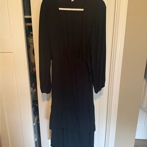Black Long Sleeve Wrap Midi Dress